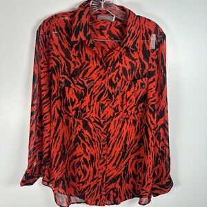 Mint Velvet Red and Black Animal Print Blouse Button Up Sheer Size 14